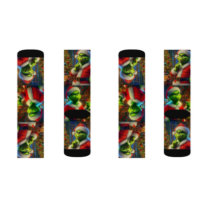 Grinch Christmas Sublimation Socks - Funny Holiday Crew Socks - Santa Grinch Gift - Vibrant Print Xmas Stocking Stuffer, Sublimated Socks,