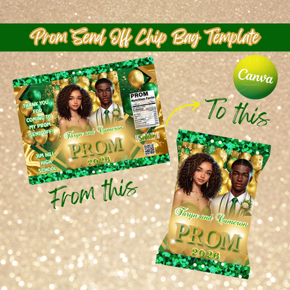 2026 Prom Chip Bag Template: Green & Gold Party Favor (Canva Editable, Digital Download)