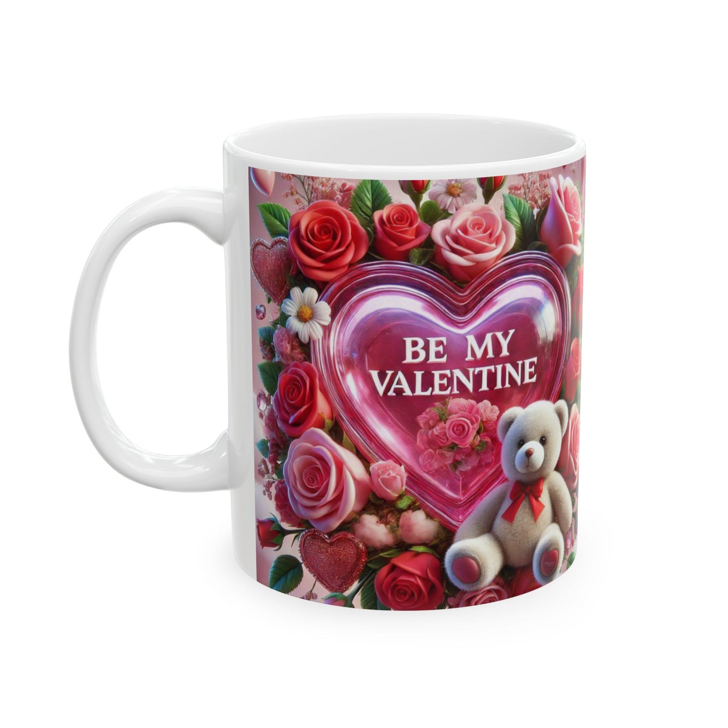 Valentine's Coffee Mug, Be My Valentine Pink Rose Bouquet Ceramic Cup, Valentine's Gift, Teddy Bear, 11oz 15oz Mug for Her, Romantic Coffee