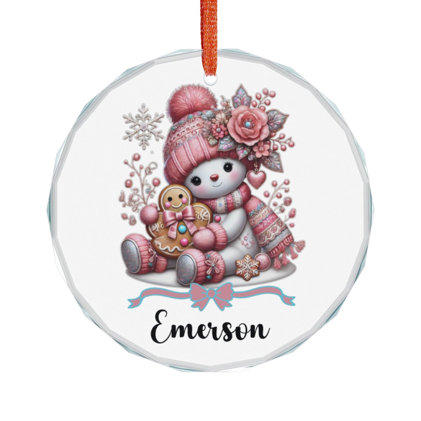 Snowman with Gingerbread Ornament Crystal Glass Ornament | Personalized Name Option