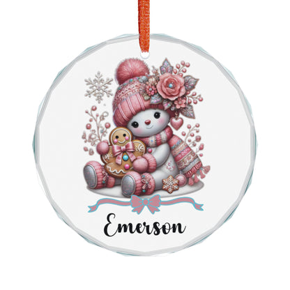 Snowman with Gingerbread Ornament Crystal Glass Ornament | Personalized Name Option