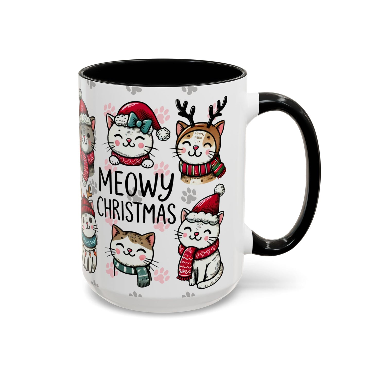 Meowy Christmas Cat Paw Accent Coffee Mug | Cats in Hats Scarves Antlers