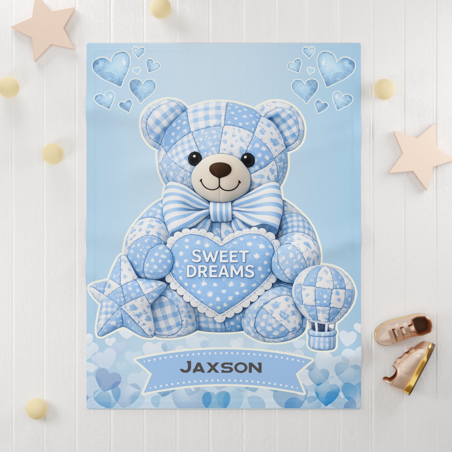Blue Patchwork Teddy Bear Sweet Dreams baby blanket | soft fleece nursery decor