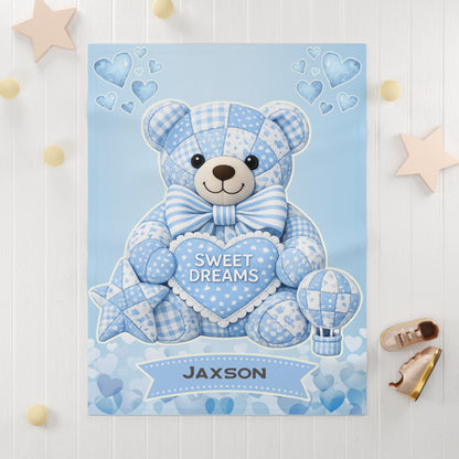 Blue Patchwork Teddy Bear Sweet Dreams baby blanket | soft fleece nursery decor
