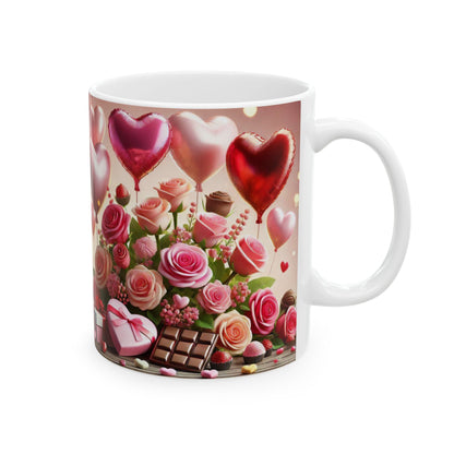 Valentine's Day Ceramic Mug, Pink and White Valentine's Coffee Cup, Romantic Valentine's Gift, 11oz, 15oz - Balloons, Roses, Chocolates
