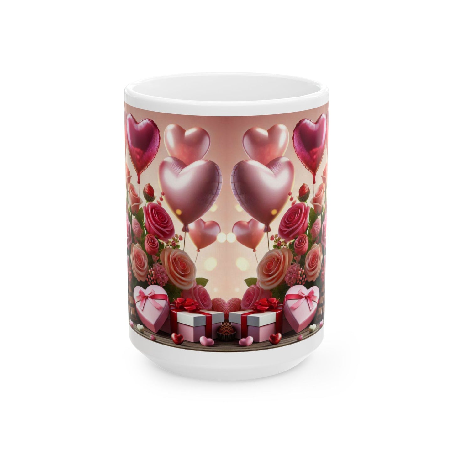 Valentine's Day Ceramic Mug, Pink and White Valentine's Coffee Cup, Romantic Valentine's Gift, 11oz, 15oz - Balloons, Roses, Chocolates