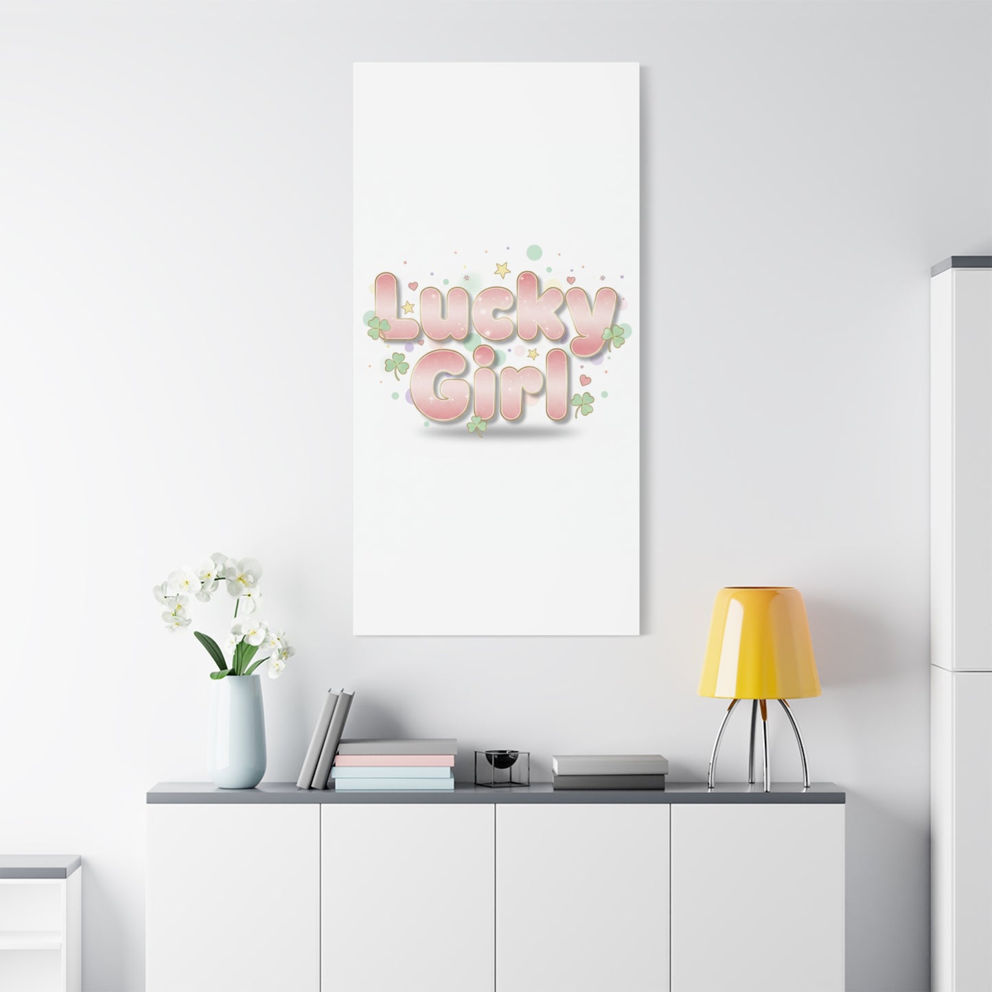 Lucky Girl mantra Canvas, Manifest Luck wall art | 2026 lucky charms, pastel metallic accents