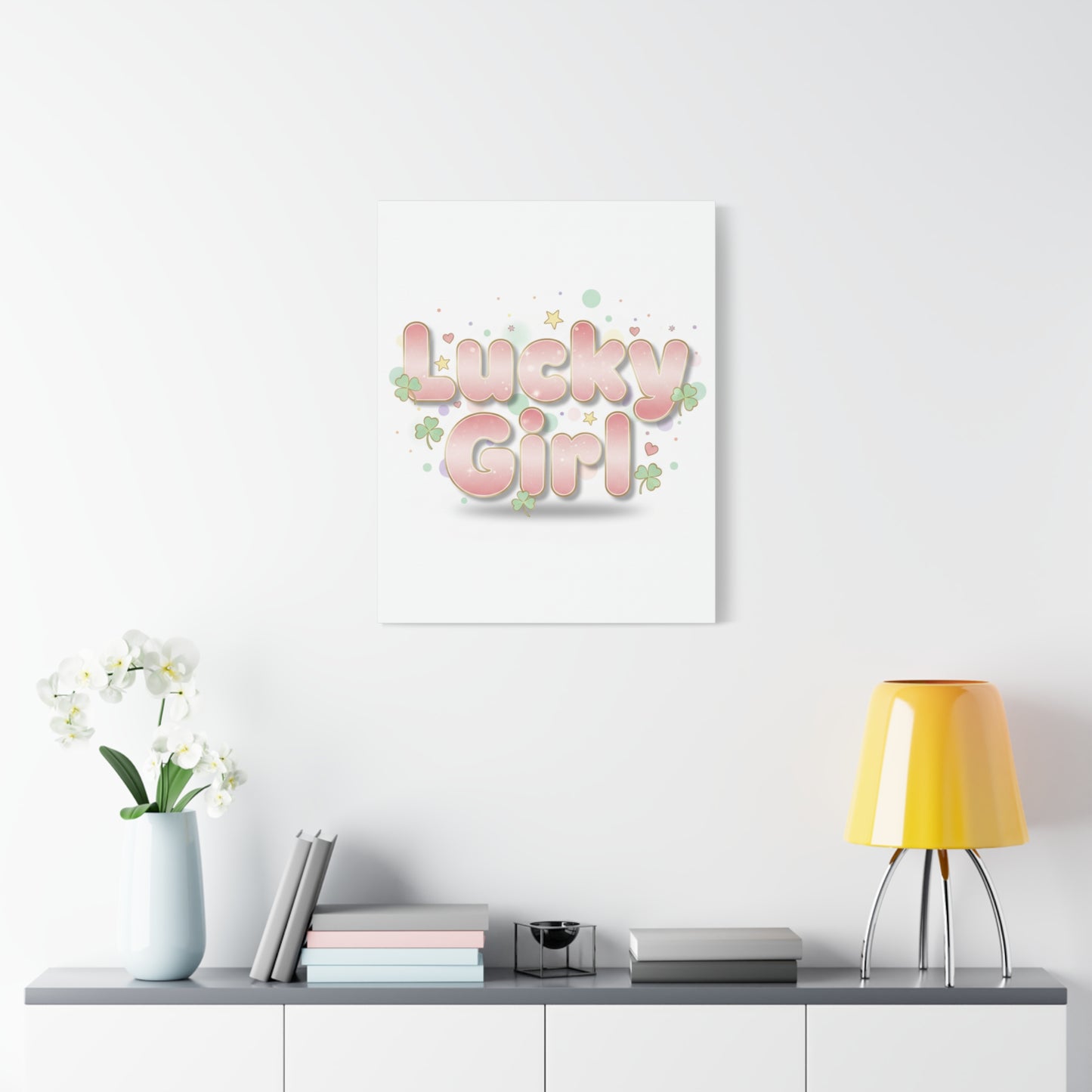 Lucky Girl mantra Canvas, Manifest Luck wall art | 2026 lucky charms, pastel metallic accents