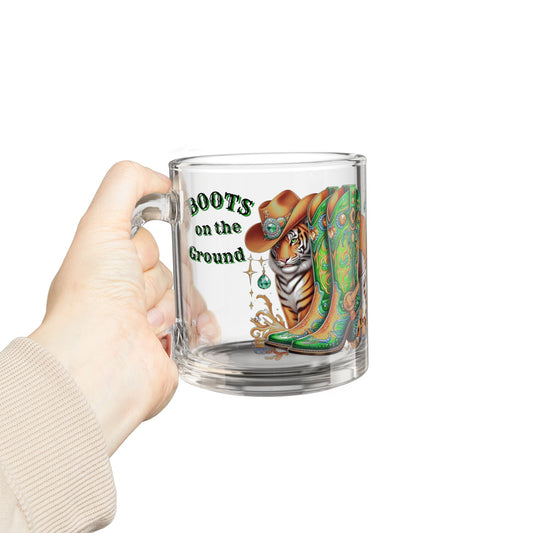 Boots on the Ground Clear Mug, Cowboy Boot Glass Mug, Western Design Drinkware, Tiger Coffee Cup, Green & Yellow Unique Gift, Fun Coffee Cup