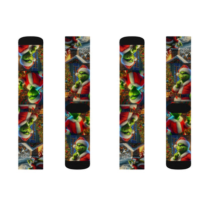 Grinch Christmas Sublimation Socks - Funny Holiday Crew Socks - Santa Grinch Gift - Vibrant Print Xmas Stocking Stuffer, Sublimated Socks,