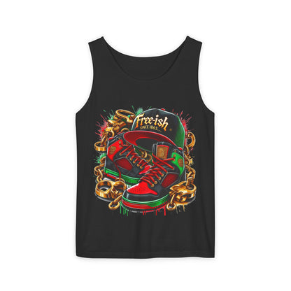 Juneteenth Apparel, Streetwear Graphic Tank Top - 'Free-ish' Sneakers, Cap & Chains Design, Summer Fashion, Unisex Casual Wear, Urban Style