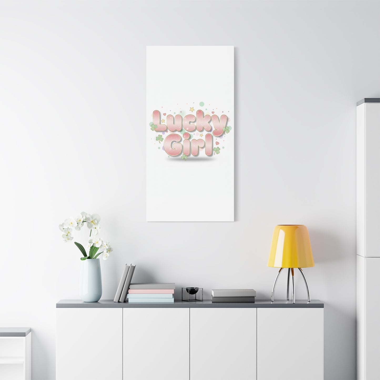 Lucky Girl mantra Canvas, Manifest Luck wall art | 2026 lucky charms, pastel metallic accents