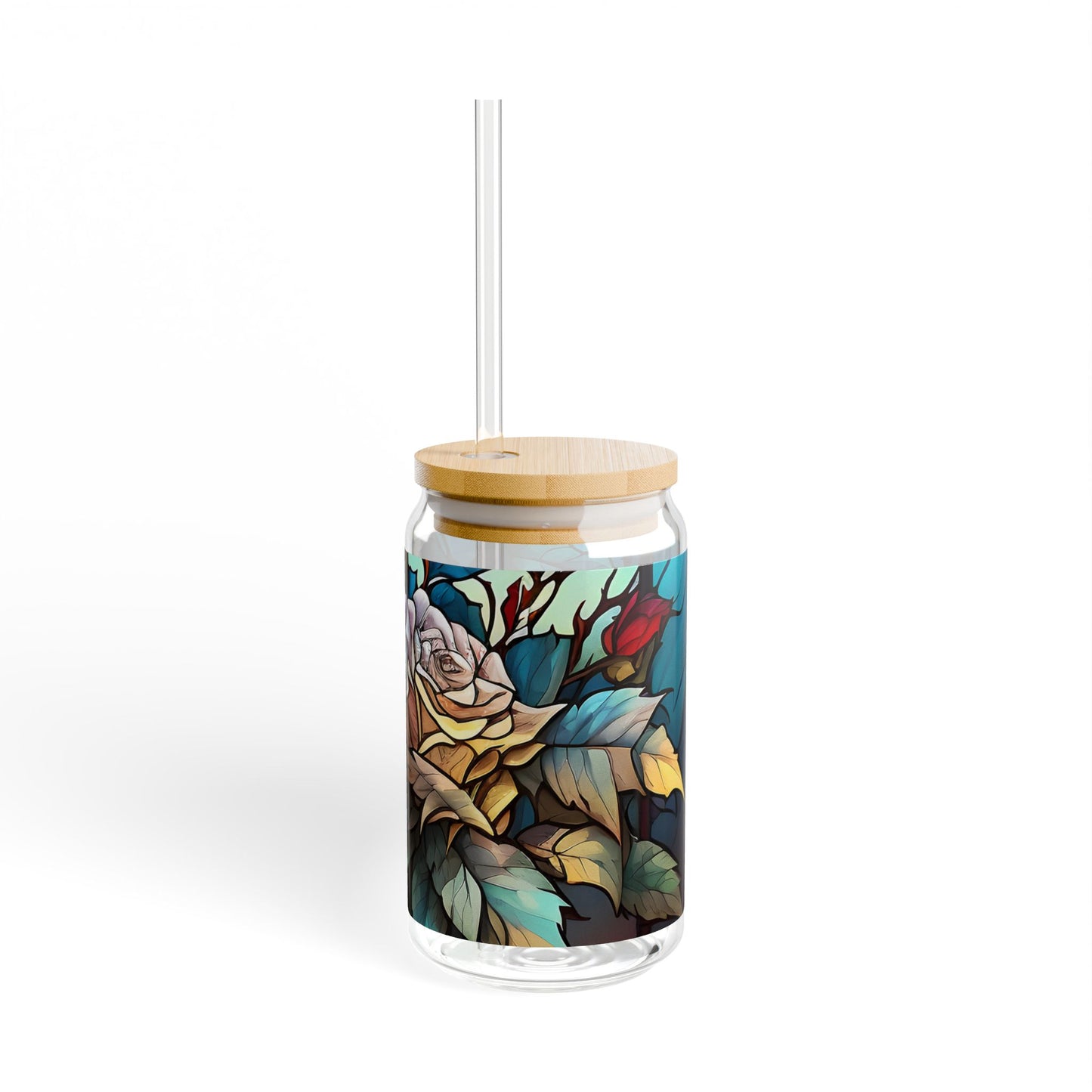 Floral Design Sipper Glass - 16oz Eco-Friendly Drinkware with Bamboo Lid