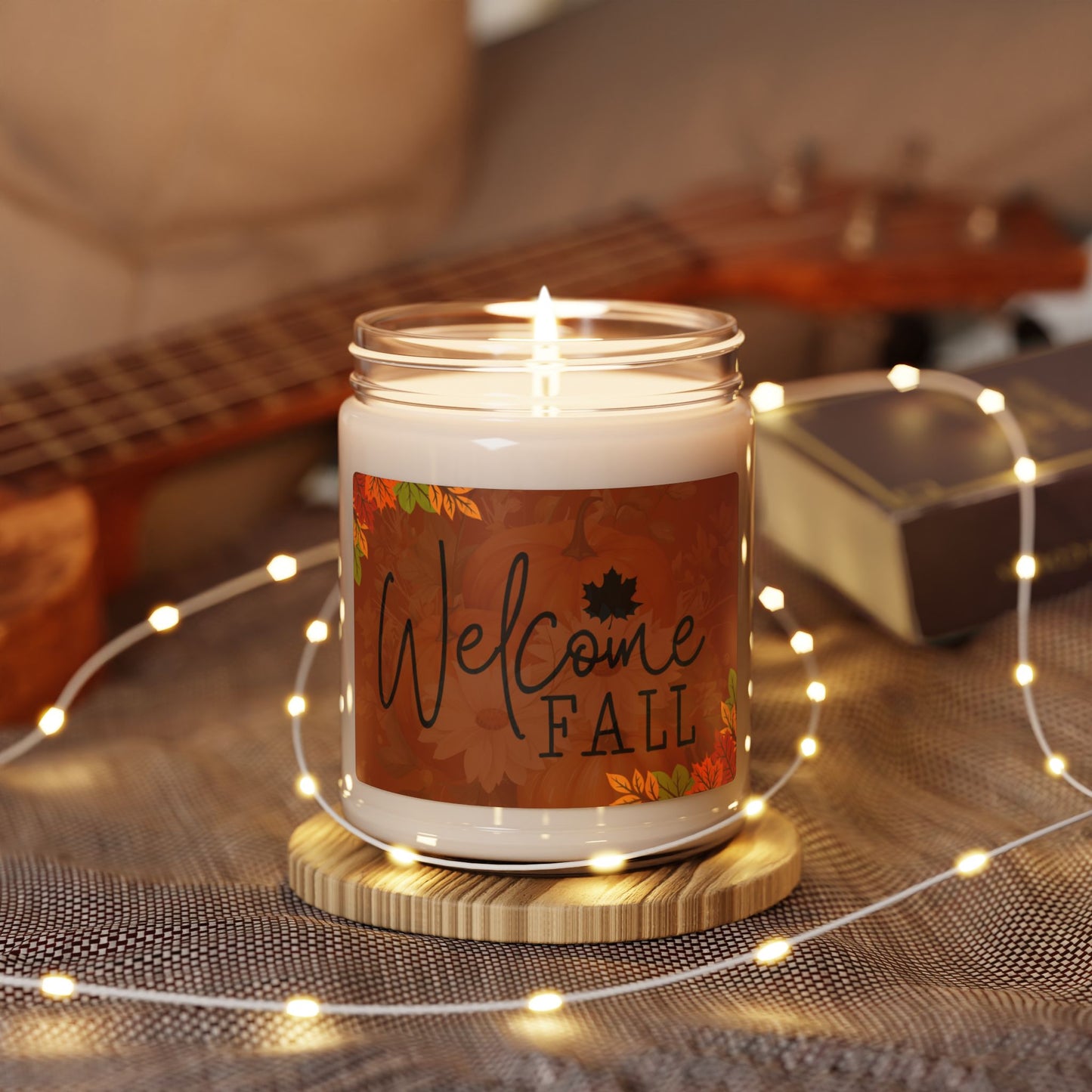 Welcome Fall Brown Flowered Label Scented Soy Candle, 9oz