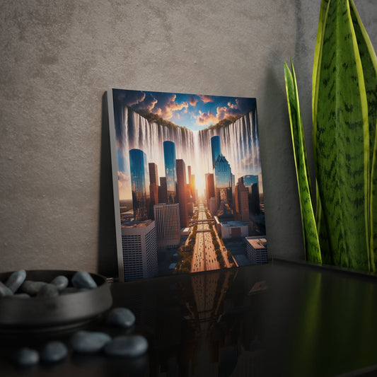 Wall Art, Canvas Print, Waterfall Art, Home Decor, Texas Artwork, Downtown Houston Skyline Canvas, Waterfall in the Houston Skyline, Downtown Houston Waterfall Canvas 8x8