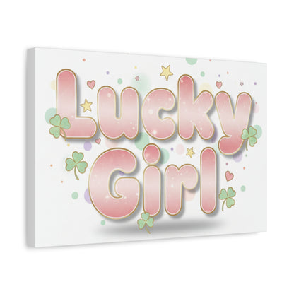 Lucky Girl mantra Canvas, Manifest Luck wall art | 2026 lucky charms, pastel metallic accents
