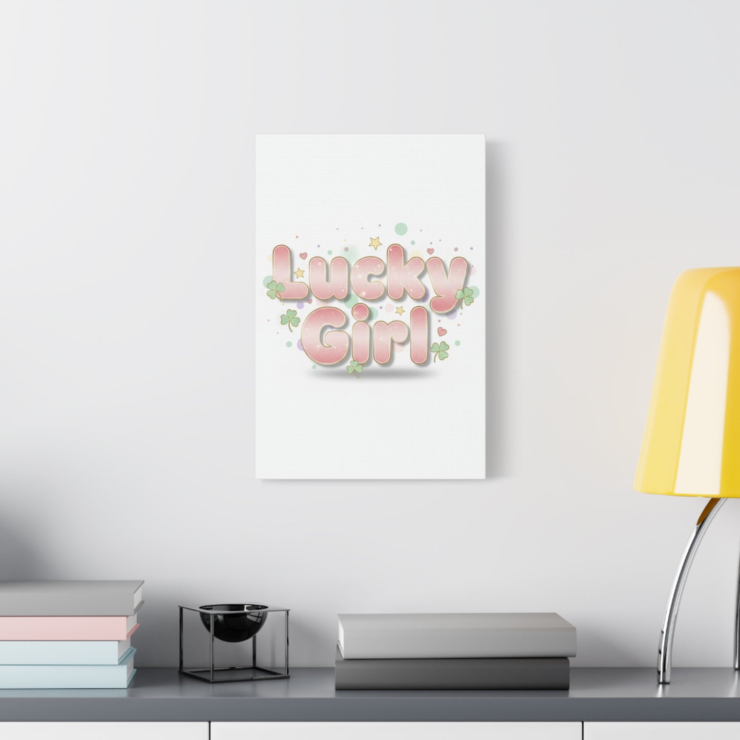 Lucky Girl mantra Canvas, Manifest Luck wall art | 2026 lucky charms, pastel metallic accents
