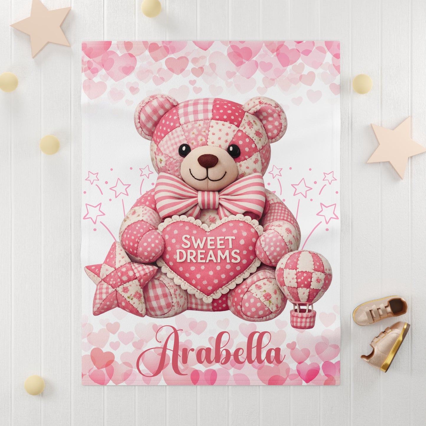 Pink Patchwork Teddy Bear Sweet Dreams baby blanket | soft fleece nursery decor