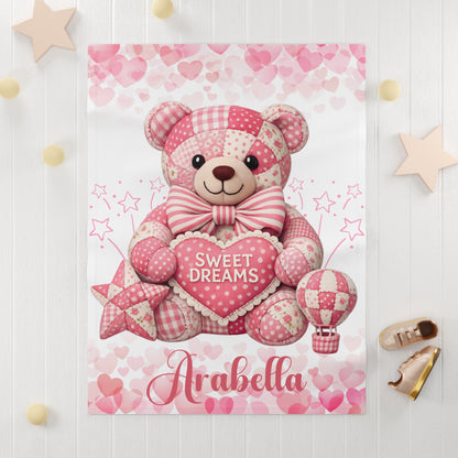 Pink Patchwork Teddy Bear Sweet Dreams baby blanket | soft fleece nursery decor
