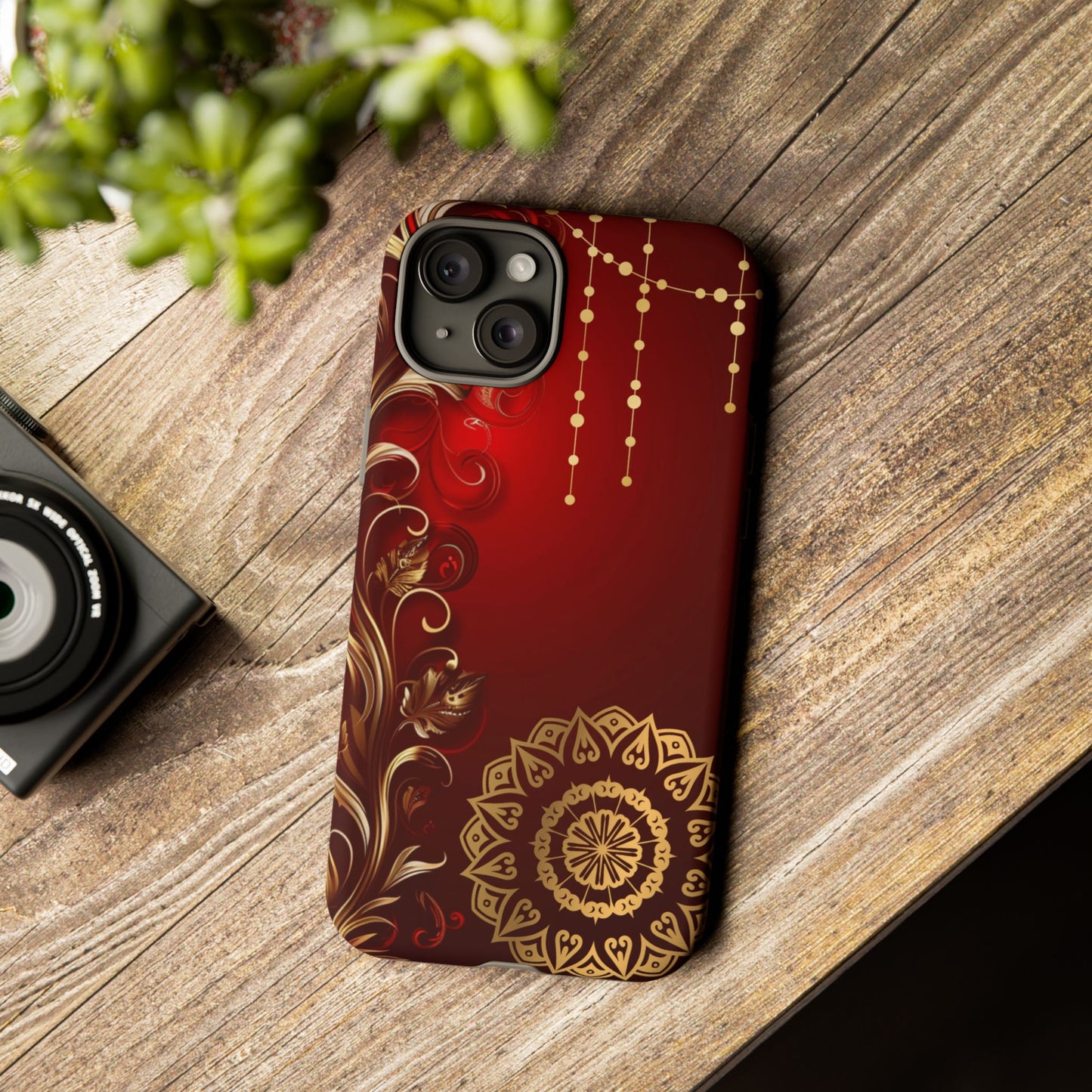 Filigree Red and Gold Tough Phone Case, Protective Cover for iPhone, Stylish Accessories for Women and Men, Durable Phone Case, Gift for Her