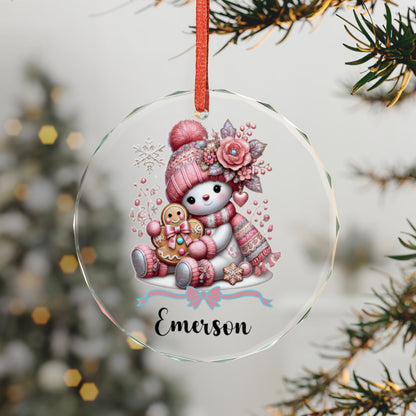 Snowman with Gingerbread Ornament Crystal Glass Ornament | Personalized Name Option
