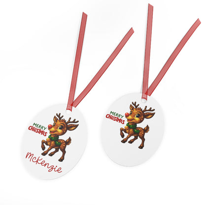 Reindeer with Rudolph Nose Metal Ornament | Merry Christmas, Personalized Name