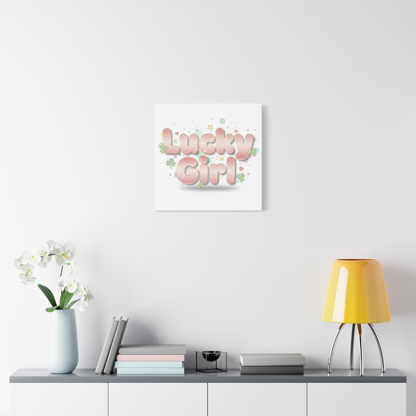 Lucky Girl mantra Canvas, Manifest Luck wall art | 2026 lucky charms, pastel metallic accents