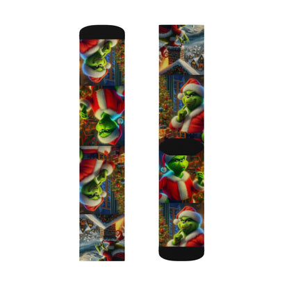 Grinch Christmas Sublimation Socks - Funny Holiday Crew Socks - Santa Grinch Gift - Vibrant Print Xmas Stocking Stuffer, Sublimated Socks,
