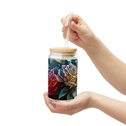 Floral Design Sipper Glass - 16oz Eco-Friendly Drinkware with Bamboo Lid