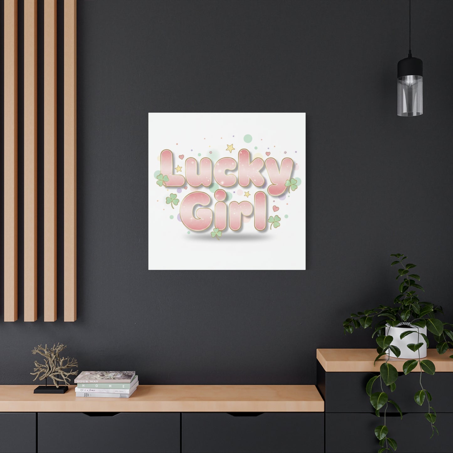Lucky Girl mantra Canvas, Manifest Luck wall art | 2026 lucky charms, pastel metallic accents