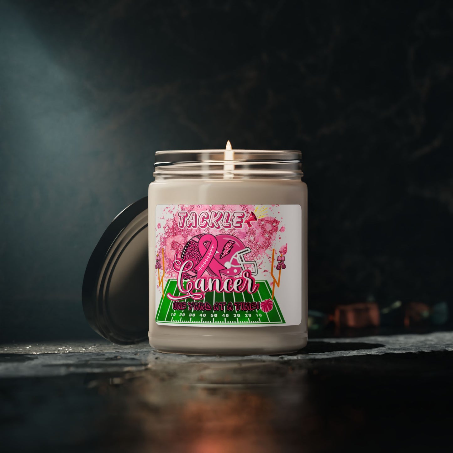 Tackle Cancer One Yard at a Time Soy Candle 9oz, Breast Cancer Awareness Soy Candle 9oz