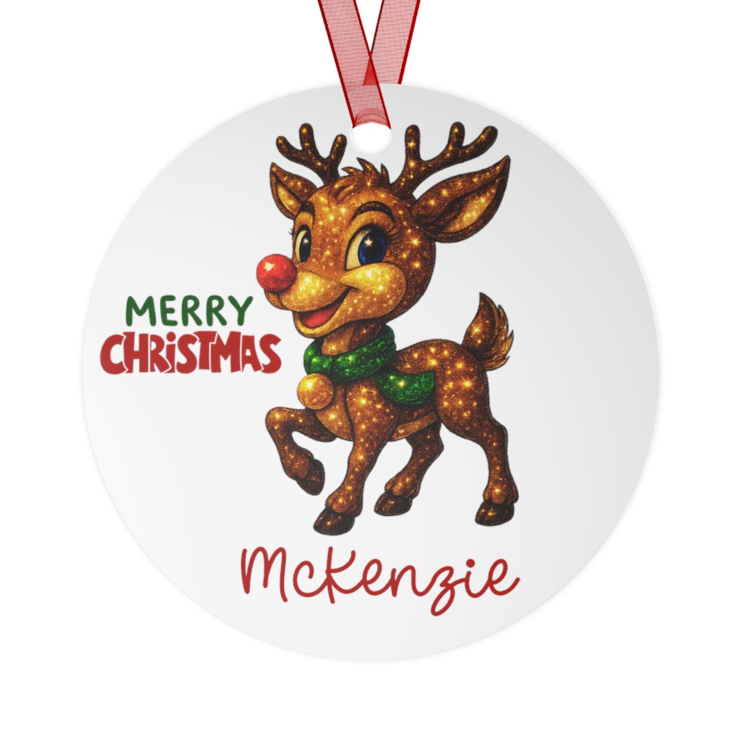 Reindeer with Rudolph Nose Metal Ornament | Merry Christmas, Personalized Name