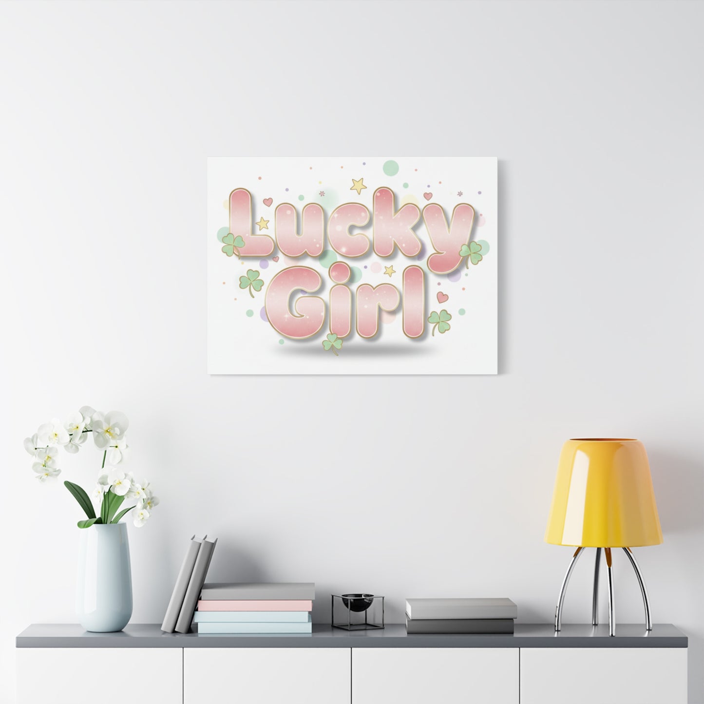 Lucky Girl mantra Canvas, Manifest Luck wall art | 2026 lucky charms, pastel metallic accents