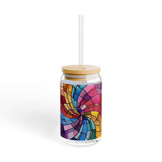 Stain Glass Sipper Glass, 16oz - Eco-Friendly Drinkware with Bamboo Lid, Colorful, Kitchen Decor, Gift for Her, Glass Tumbler, Unique