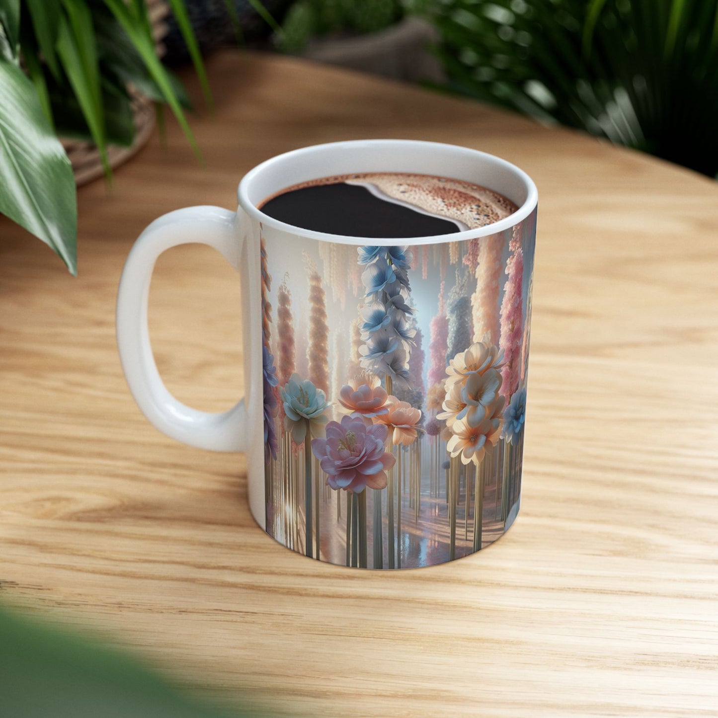 Floral Elegance Ceramic Mug - 11oz, Coffee Cup for Nature Lovers, Beautiful long stem pastel florals