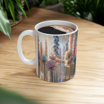 Floral Elegance Ceramic Mug - 11oz, Coffee Cup for Nature Lovers, Beautiful long stem pastel florals