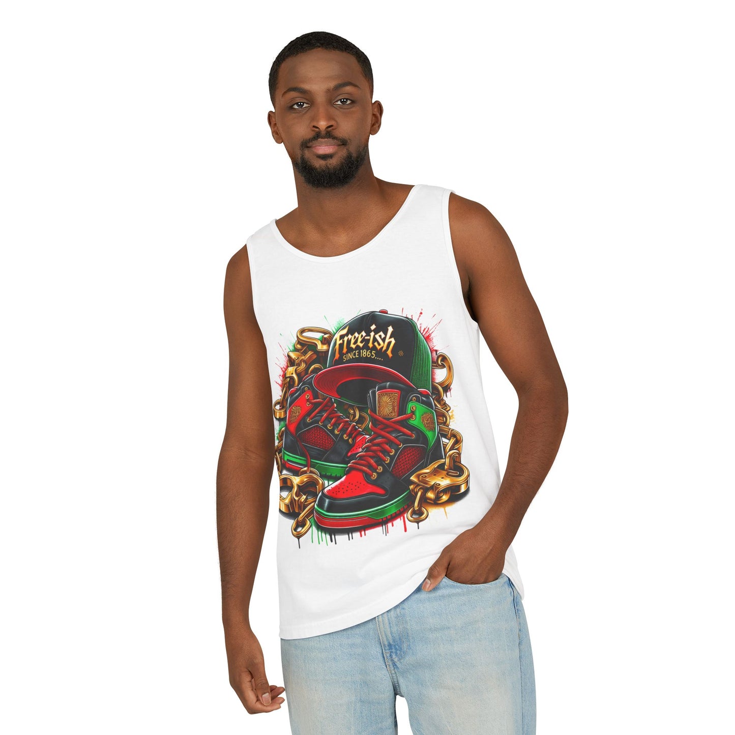 Juneteenth Apparel, Streetwear Graphic Tank Top - 'Free-ish' Sneakers, Cap & Chains Design, Summer Fashion, Unisex Casual Wear, Urban Style