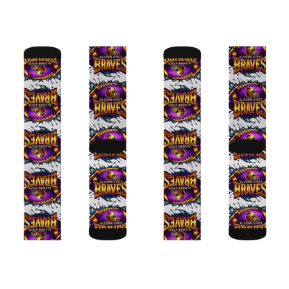 Alcorn State Braves Sublimation Socks, Custom Athletic Crew Socks, HBCU Pride Gift, Purple & Gold Fan Gear, Game Day Accessory, Gift for