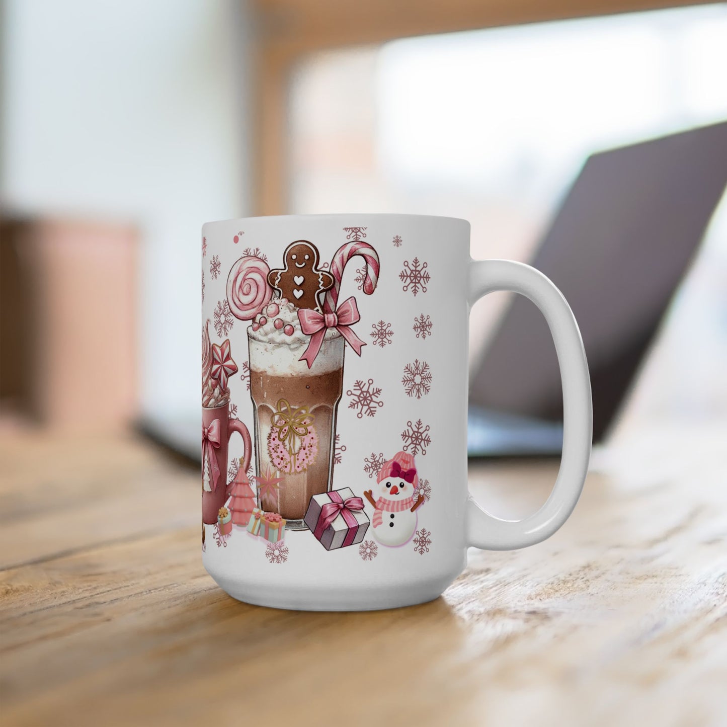 Christmas Holiday Pink Themed Ceramic Mug with Festive Drinks Design, 11oz, 15oz
