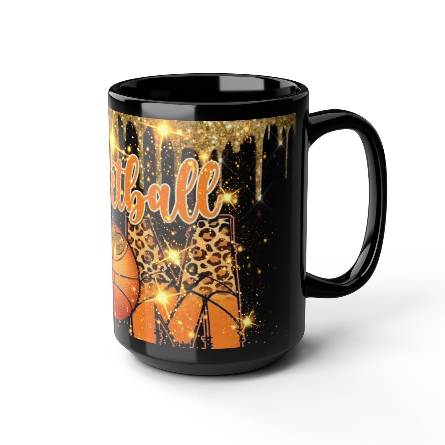 Basketball Mom Black Mug, 15oz with Dripping Gold Design and Sparkles - Gift for Sports Moms, Basketball Fans - Christmas Present, Birthday