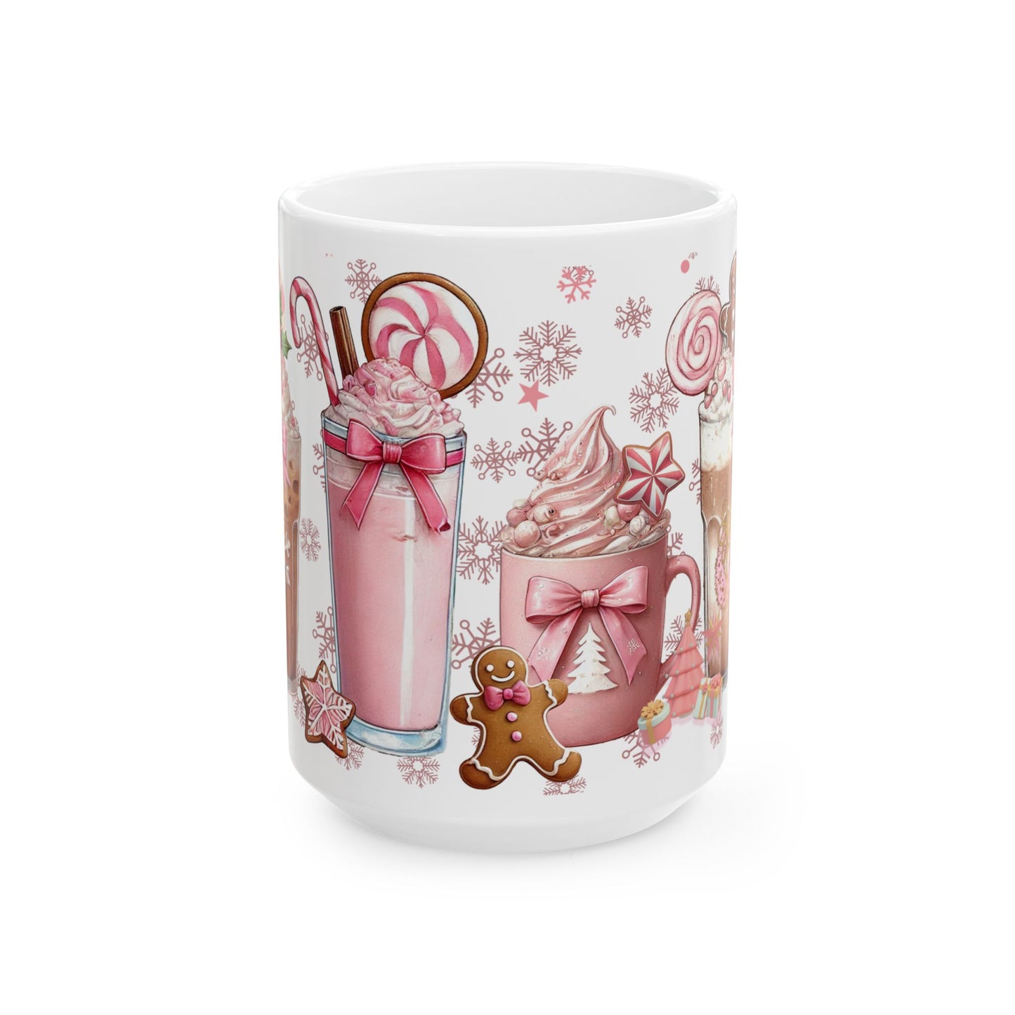 Christmas Holiday Pink Themed Ceramic Mug with Festive Drinks Design, 11oz, 15oz