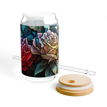 Floral Design Sipper Glass - 16oz Eco-Friendly Drinkware with Bamboo Lid