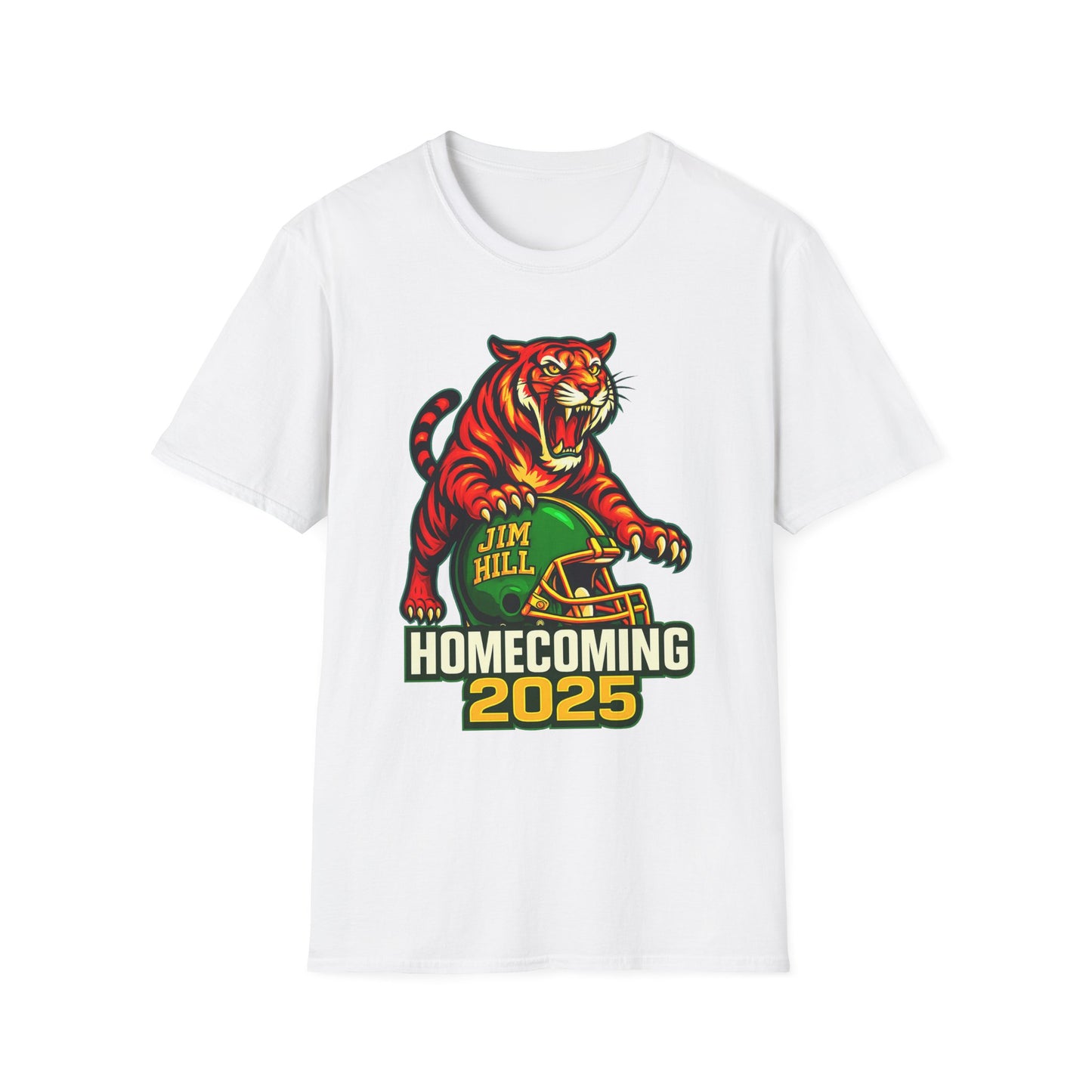 Jim Hill Tigers Homecoming 2025 T-Shirt | Fierce Tiger Mascot Football Graphic Tee | Green & Yellow School Spirit Shirt