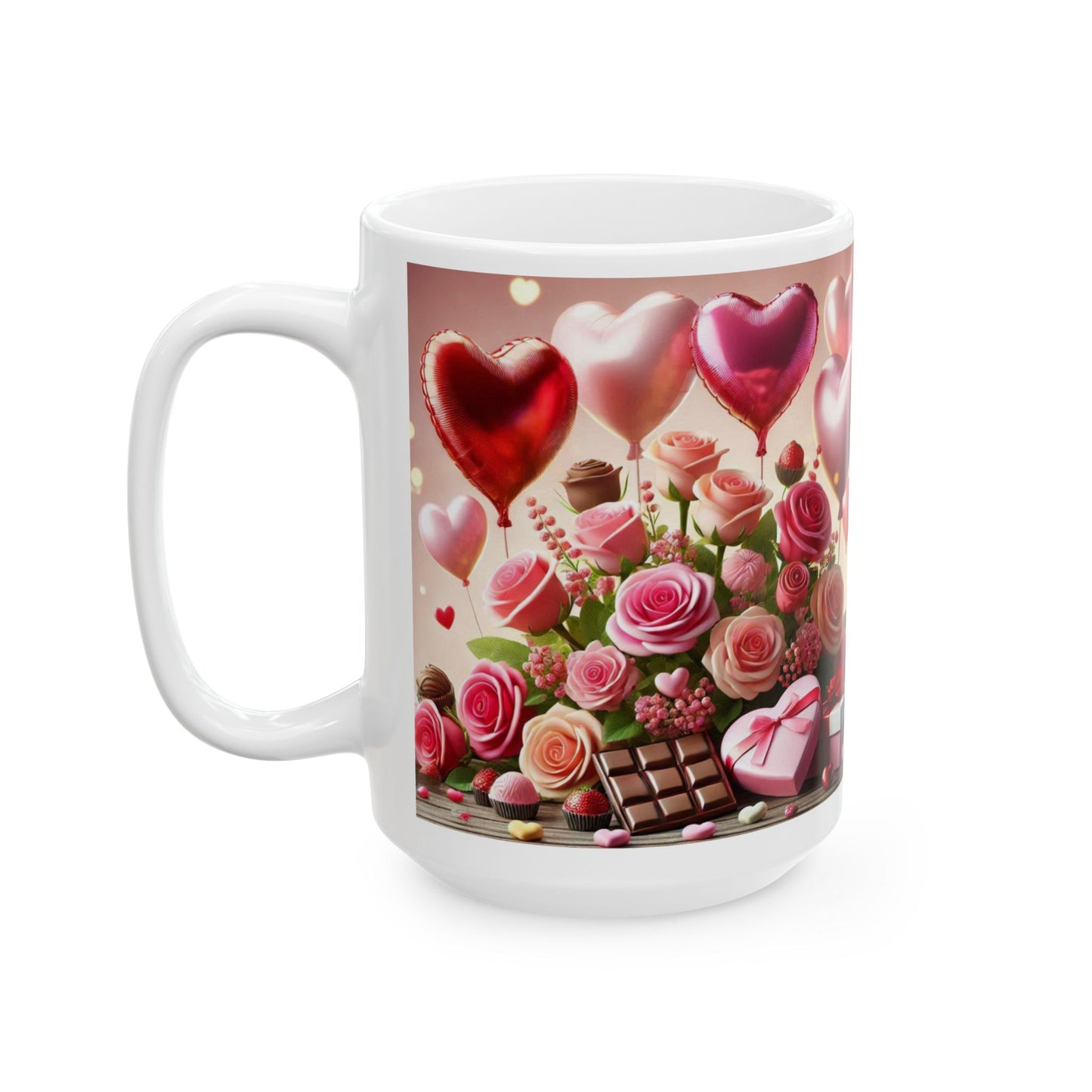 Valentine's Day Ceramic Mug, Pink and White Valentine's Coffee Cup, Romantic Valentine's Gift, 11oz, 15oz - Balloons, Roses, Chocolates