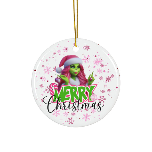 Grinch Merry Christmas Ceramic Ornament, Pink Ms. Grinch Circle & Snowflake Christmas Ornament, Christmas Gift Idea, Holiday Decor
