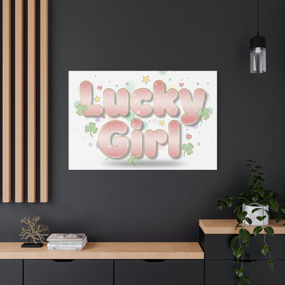 Lucky Girl mantra Canvas, Manifest Luck wall art | 2026 lucky charms, pastel metallic accents