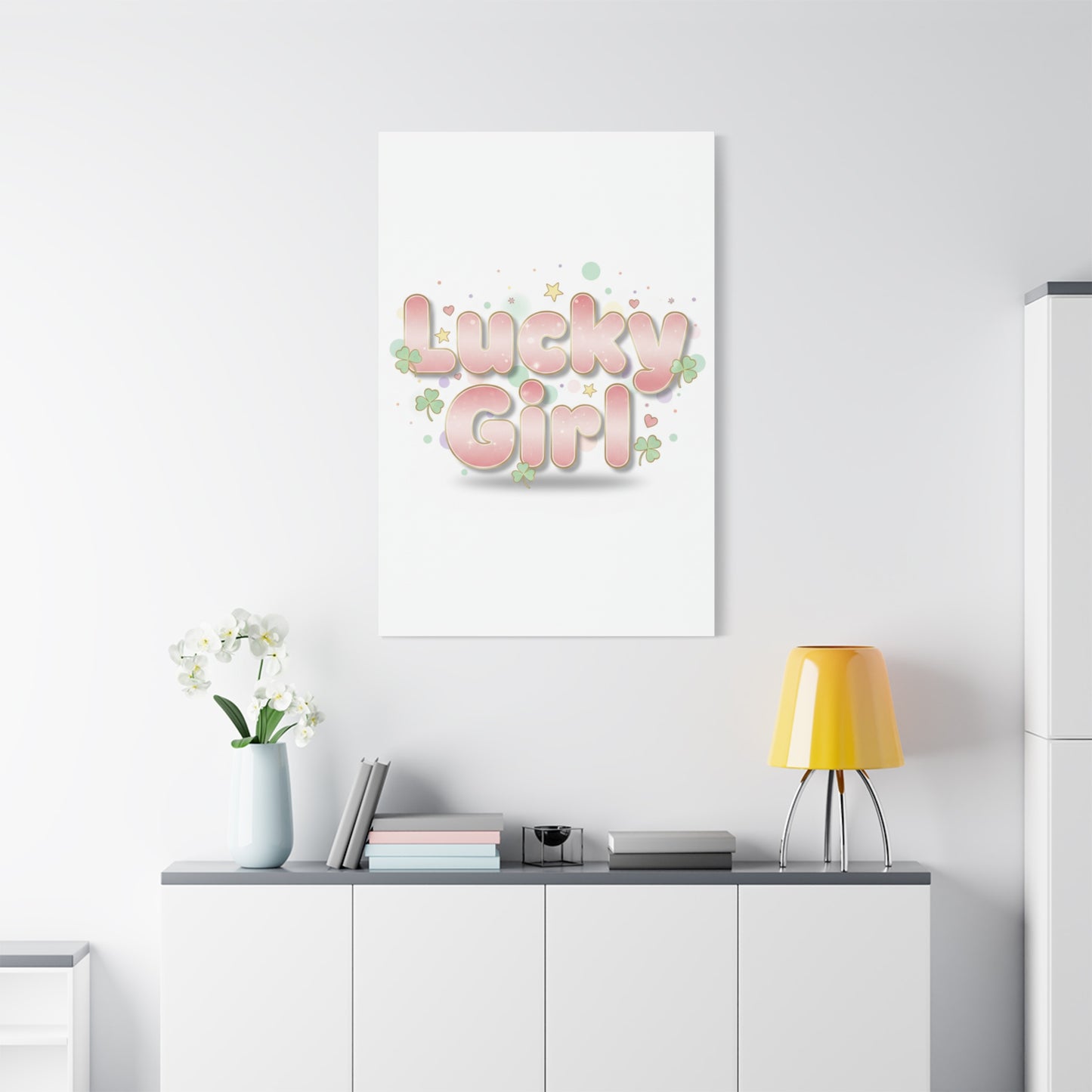 Lucky Girl mantra Canvas, Manifest Luck wall art | 2026 lucky charms, pastel metallic accents