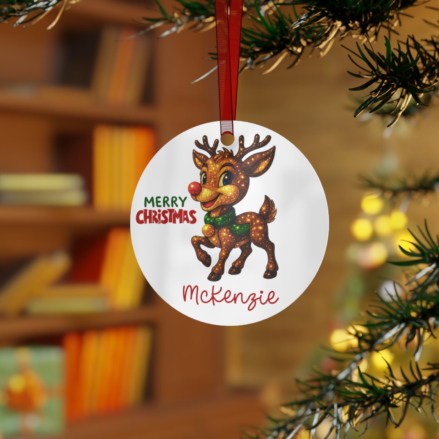 Reindeer with Rudolph Nose Metal Ornament | Merry Christmas, Personalized Name