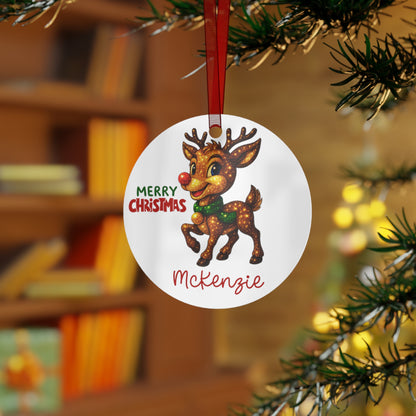 Reindeer with Rudolph Nose Metal Ornament | Merry Christmas, Personalized Name