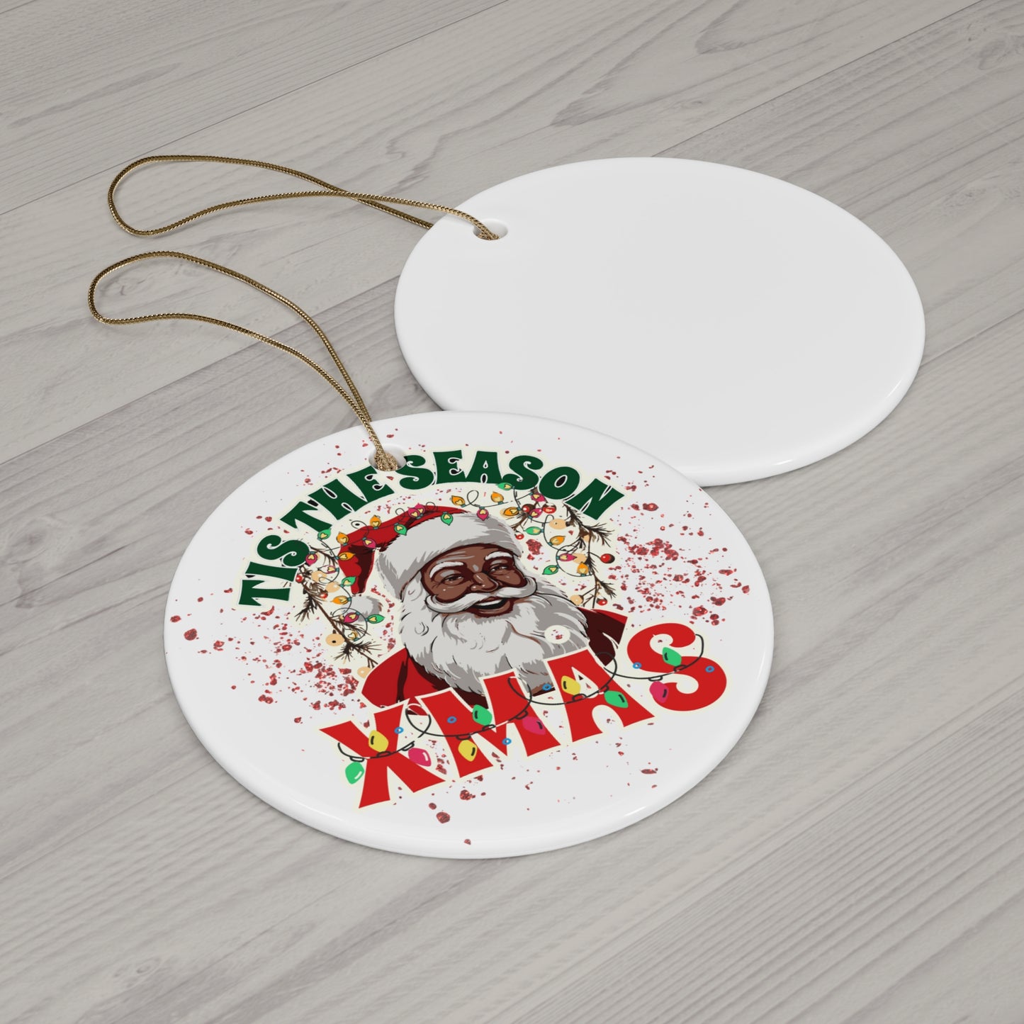 Black Santa Ornament, Tis The Season Xmas Ceramic Ornament, Holiday Decor, Circle Christmas Ornament, Snowflake Christmas Ornament